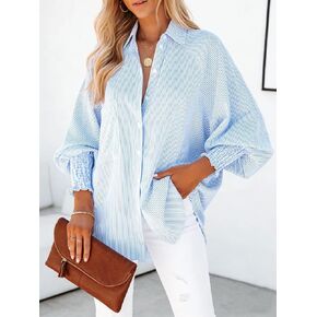 Women's Fashion Striped Print Long Sleeve Button Front Lapel Shirt Ladies Casual Long Sleeve Pocket Top for Spring & Fall in Saudi Arabia