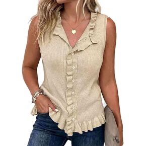 Flamingals Collared V Neck Sleeveless Shirts for Women Rib Knit Lettuce Trim Button Front Tops Trendy Elegant Blouses in Saudi Arabia