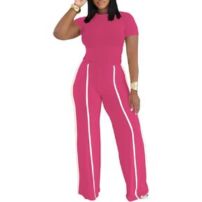 Ulovmi Women's Two Piece Outfit Slim Fit Top Wide Leg Pants Striped Tracksuit Loungewear Casual Outfit Set in Saudi Arabia