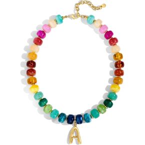 Initial Necklace for Women-Dainty 14K Gold Plated Bubble Letter Pendant Necklace Chunky Colorful Beaded Necklace with Boho Summer Beach Necklace for Her Jewelry Gifts in Saudi Arabia