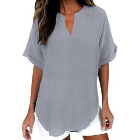 Cotton Linen Tops for Women - V Neck Short Sleeve Breathable Summer Shorts Fashion Busines Casual Loose Clothes in Kuwait