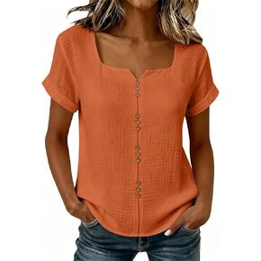Womens Cotton Linen Gauze Shirts Loose Fit Button Blouses Casual Summer Square Neck Short Sleeve Solid Color Tops in Kuwait