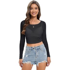 Women Mesh Crop Top Sheer Long Sleeve Slim See Through Shirt Sexy Blouse Short Waist Cinching Top in Saudi Arabia