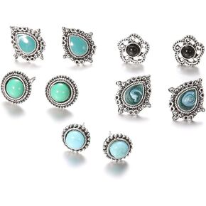 Turquoise Stud Earrings Set for Women Vintage Western Cowgirl Teardrop Round Turquoise Earrings Bohemian Geometric Studs West Country Statement Jewelry Gifts in Saudi Arabia