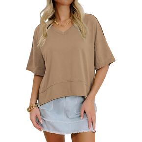 Women's Summer Casual V Neck T Shirts Loose Fit Half Sleeve Cotton Tops Basic Tees Fashion Clothing 2026 in Saudi Arabia