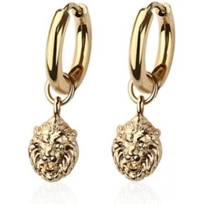 316L Stainless Steel Lion Head Dangling Huggie Hoop Earrings, Sold as a Pair in Saudi Arabia