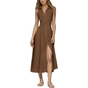 Lauweion Womens Button Down Striped Shirt Maxi Dress Slim Fitted Cinched Waist Summer Sleeveless Cotton Long Dresses in Saudi Arabia