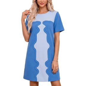 YEXPINE Women's Color Block Shift Dress Cotton Linen Short Sleeve Embroidered Mini Dresses with Pockets in Kuwait