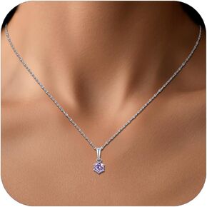 Tiny Silver Birthstone Necklace for Women | 5MM Crystal Pendant Necklace, Dainty Round Gemstone Jewelry - Like Gifts for Birthdays, Sensitive Skin & Lavender Lovers in Saudi Arabia