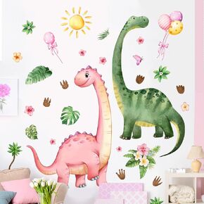 Dinosaur Wall Decals for Kids Room, Large Dinosaur Nursery Stickers with Tropical Leaves, Butterflies & Sun, Peel and Stick Wall Art for Boys Girls, Removable Home Decor (Pink&Green) in Saudi Arabia