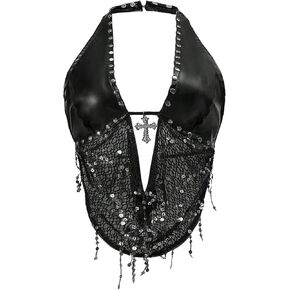 WDIRARA Women's Plus Size Faux Leather Halter Top Grunge Sequin Tie Backless Tank Tops Rave Clubwear in Saudi Arabia