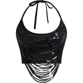 OYOANGLE Women's Glitter Sequin Halter Crop Top Y2K Sleeveless Backless Rave Party Cami Tops in Kuwait