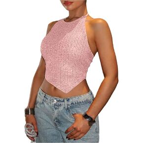 MakeMeChic Women's Sequin Halter Top Tie Open Back Glitter Crop Sleeveless Y2K Party Outfits in Saudi Arabia