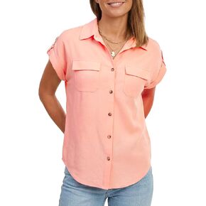 Umenlele Women’s Short Sleeve Collared V Neck Button Down Blouse Tops with Pockets in Saudi Arabia