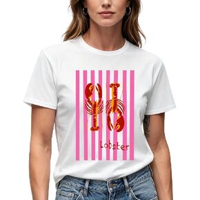 Women's Lobster Graphic T-Shirt, White, Pink Striped Print, Casual Short Sleeve Crew Neck Tee in Saudi Arabia