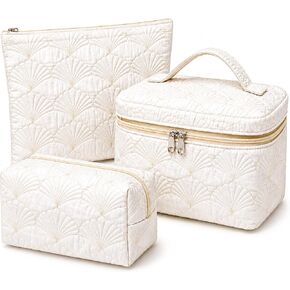 3 Pcs White Shell Quilted Makeup Bag Set - Coquette Cotton Cosmetic Bags for Women, Coastal Makeup Pouch, Large Travel Toiletry Bag for Makeup, Skincare and Purse Essentials in Saudi Arabia