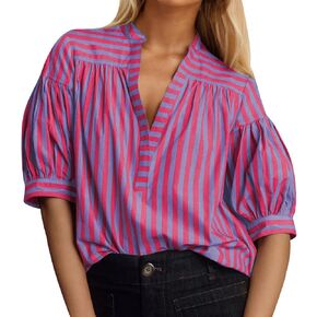 Women Summer Loose Fit Puff Short Sleeve Striped Blouse Top Business Dressy Casual Pleated V Neck Tunic T Shirt in Saudi Arabia