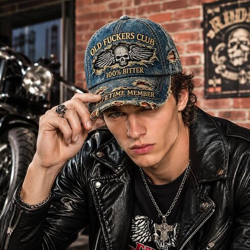 Old Fuckers Club Hat, Vintage Style Baseball Caps for Retro Fashion and Motorcycle Riders, Humorous Gift Set with Adjustable Straps and Classic Embroidery in Denim Blue in Saudi Arabia