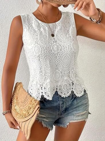 Women's Crochet Lace Tank Tops, Sleeveless Floral Hollow Out Shirts, Boho Scalloped Hem Blouse, Casual Summer Beach Top in Kuwait