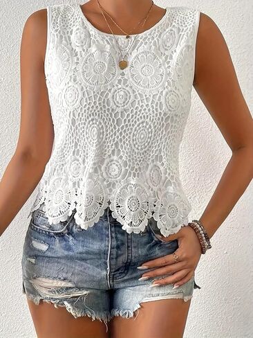 Women's Crochet Lace Tank Tops, Sleeveless Floral Hollow Out Shirts, Boho Scalloped Hem Blouse, Casual Summer Beach Top in Kuwait