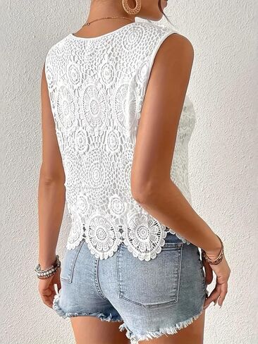 Women's Crochet Lace Tank Tops, Sleeveless Floral Hollow Out Shirts, Boho Scalloped Hem Blouse, Casual Summer Beach Top in Kuwait