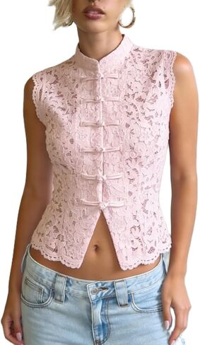 Womens Lace Mandarin Collar Split Tank Top Sleeveless Shirt Going Out Cropped Top Coquette Vintage Clothes in Saudi Arabia