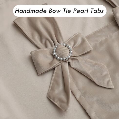HIG Beige Velvet Curtains 84 Inches, Room Darkening Drapes with Handmade Bow Tie Pearl Tabs for Living Room, Thermal Insulated Window Treatment for Bedroom, W52 x L84 inch, 2 Panels in Saudi Arabia