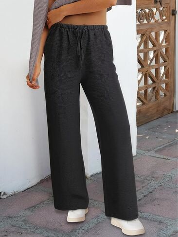 Women's Wide Leg Pants Summer Palazzo Trousers Flowy Beach Pants with Pockets in Kuwait