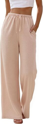 Women's Wide Leg Pants Summer Palazzo Trousers Flowy Beach Pants with Pockets in Kuwait