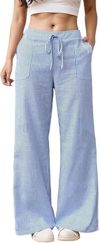 Womens Striped Print Wide Leg Pants Casual Drawstring High Waist Pants with Pockets Fall wear in Saudi Arabia