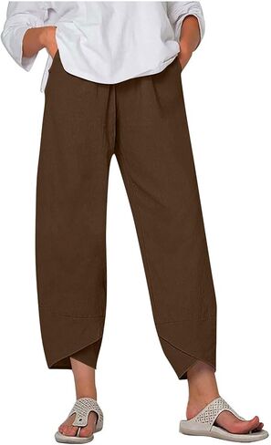 Womens Tulip Hem Cotton Linen Pants Summer Trendy Ankle Pants Casual Loose Fit Elastic High Waist Trousers in Saudi Arabia