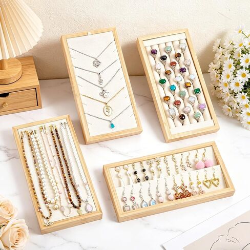 4PCS Jewelry Organizer Trays Bamboo Jewelry Storage Display Tray for Drawers Beige Jewelry Tray Set Tray Inserts for Necklaces Bracelets Rings Earrings in Saudi Arabia