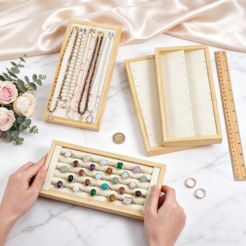 4PCS Jewelry Organizer Trays Bamboo Jewelry Storage Display Tray for Drawers Beige Jewelry Tray Set Tray Inserts for Necklaces Bracelets Rings Earrings in Saudi Arabia