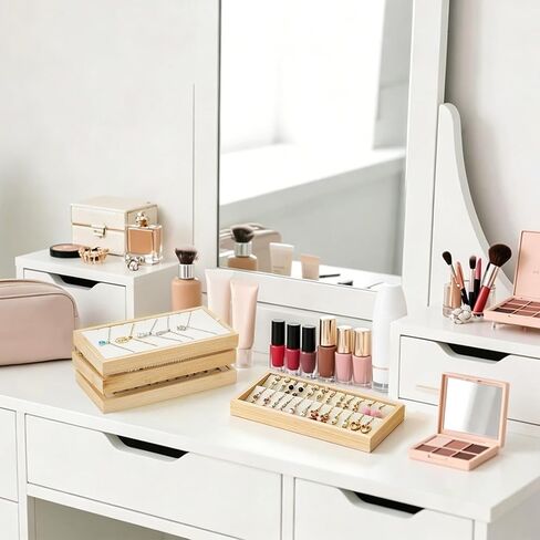 4PCS Jewelry Organizer Trays Bamboo Jewelry Storage Display Tray for Drawers Beige Jewelry Tray Set Tray Inserts for Necklaces Bracelets Rings Earrings in Saudi Arabia