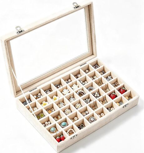 48 Grid Velvet Jewelry Tray Organizer with Transparent Lid, Stackable Display Case for Ring Earring Necklace Pendant Brooch Storage,Anti-Scratch Clear Cover Jewelry Holder for Women Girls in Saudi Arabia