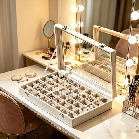 48 Grid Velvet Jewelry Tray Organizer with Transparent Lid, Stackable Display Case for Ring Earring Necklace Pendant Brooch Storage,Anti-Scratch Clear Cover Jewelry Holder for Women Girls in Saudi Arabia