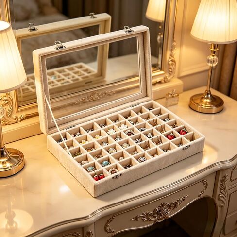 48 Grid Velvet Jewelry Tray Organizer with Transparent Lid, Stackable Display Case for Ring Earring Necklace Pendant Brooch Storage,Anti-Scratch Clear Cover Jewelry Holder for Women Girls in Saudi Arabia
