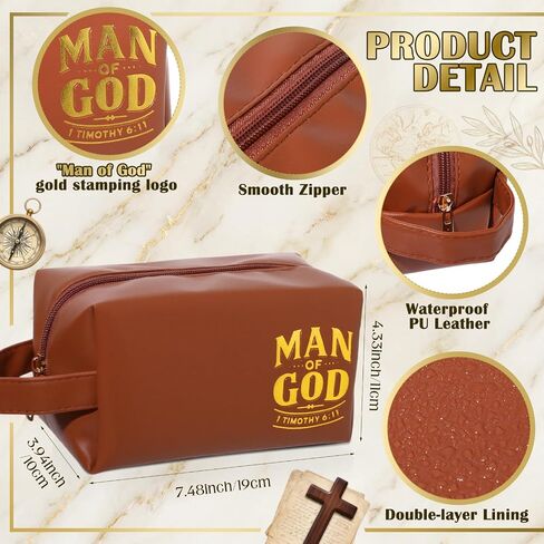 Skylety 6 Pcs Christian Father' Day Gift Bulk, Man of God Toiletry Bag Religious Travel PU Leather Toiletry Bags for Men Church Ministry Dad Boyfriend Husband Appreciation Gifts (Brown) in Kuwait