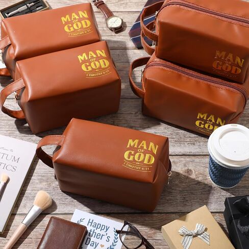 Skylety 6 Pcs Christian Father' Day Gift Bulk, Man of God Toiletry Bag Religious Travel PU Leather Toiletry Bags for Men Church Ministry Dad Boyfriend Husband Appreciation Gifts (Brown) in Kuwait