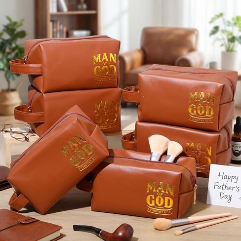 Skylety 6 Pcs Christian Father' Day Gift Bulk, Man of God Toiletry Bag Religious Travel PU Leather Toiletry Bags for Men Church Ministry Dad Boyfriend Husband Appreciation Gifts (Brown) in Kuwait