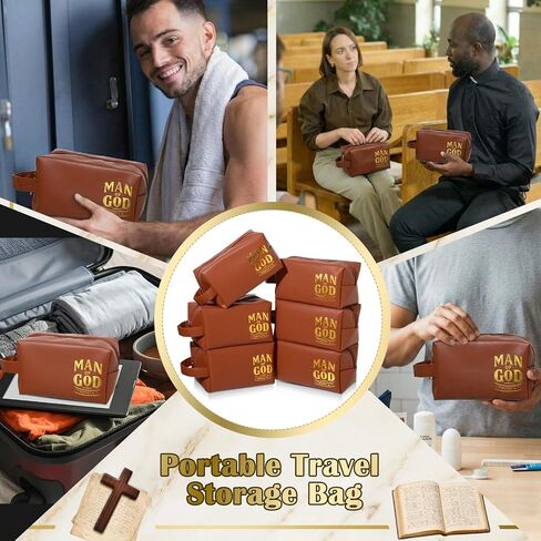 Skylety 6 Pcs Christian Father' Day Gift Bulk, Man of God Toiletry Bag Religious Travel PU Leather Toiletry Bags for Men Church Ministry Dad Boyfriend Husband Appreciation Gifts (Brown) in Kuwait