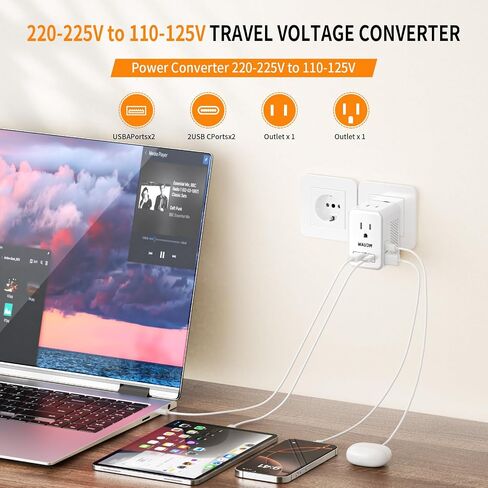 220 V to 110 V Voltage Converter, 20 W PD, Reduces 220 V to 120 V, U.S. to Europe Travel Converter for Over 80 Countries, Including Most European Countries, France, Germany, Italy and Australia in Saudi Arabia