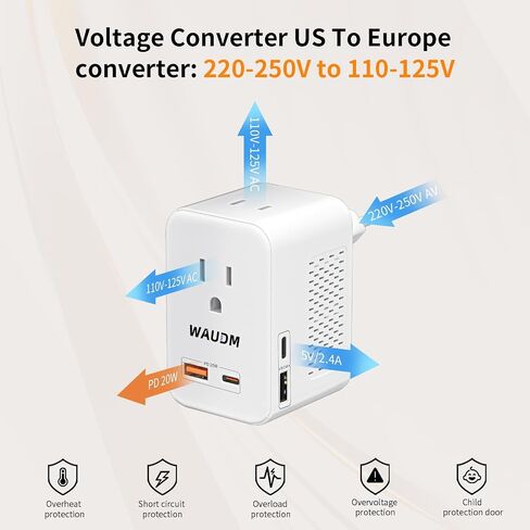 220 V to 110 V Voltage Converter, 20 W PD, Reduces 220 V to 120 V, U.S. to Europe Travel Converter for Over 80 Countries, Including Most European Countries, France, Germany, Italy and Australia in Saudi Arabia