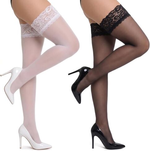 Gvhntk 2Pair Thigh High Stockings for Women Lace Top Silky Semi Sheer Pantyhose in Kuwait