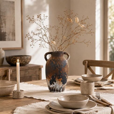 Wabi Sabi Vase, Brown Rustic Ceramic Vase for Home Decor, Vintage Amphora Pottery Vase, Rustic Farmhouse Decorative Vase for Shelf Console Coffee Table Entryway Mantel Curated Decor in Saudi Arabia