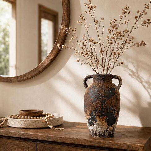 Wabi Sabi Vase, Brown Rustic Ceramic Vase for Home Decor, Vintage Amphora Pottery Vase, Rustic Farmhouse Decorative Vase for Shelf Console Coffee Table Entryway Mantel Curated Decor in Saudi Arabia