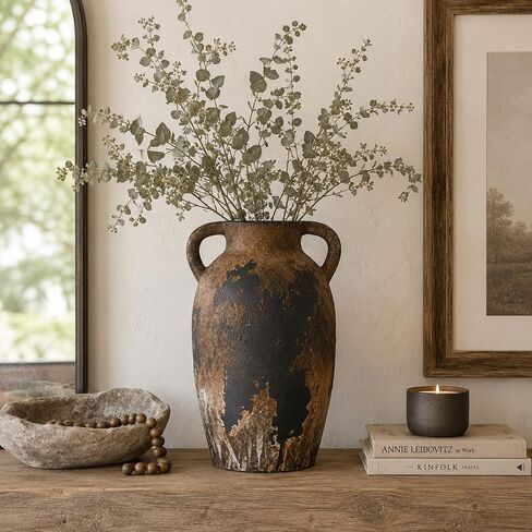 Wabi Sabi Vase, Brown Rustic Ceramic Vase for Home Decor, Vintage Amphora Pottery Vase, Rustic Farmhouse Decorative Vase for Shelf Console Coffee Table Entryway Mantel Curated Decor in Saudi Arabia