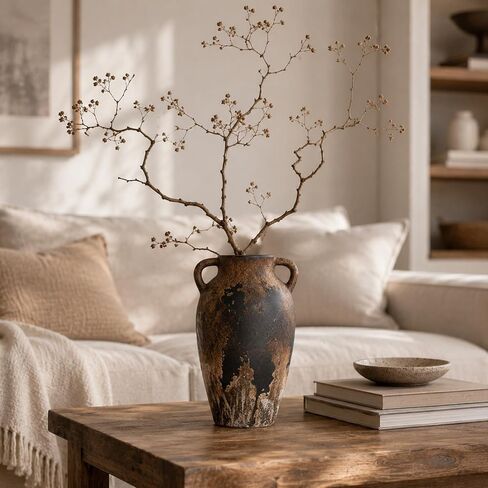 Wabi Sabi Vase, Brown Rustic Ceramic Vase for Home Decor, Vintage Amphora Pottery Vase, Rustic Farmhouse Decorative Vase for Shelf Console Coffee Table Entryway Mantel Curated Decor in Saudi Arabia