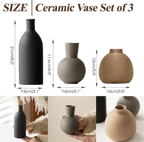 Ceramic Vase Set of 3 Rustic Vases Farmhouse Decor Pottery Vases for Bouquet Pampas Grass Dried Fresh Flowers Living Room, Kitchen, Bedroom Decor in Saudi Arabia