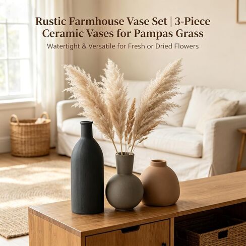 Ceramic Vase Set of 3 Rustic Vases Farmhouse Decor Pottery Vases for Bouquet Pampas Grass Dried Fresh Flowers Living Room, Kitchen, Bedroom Decor in Saudi Arabia